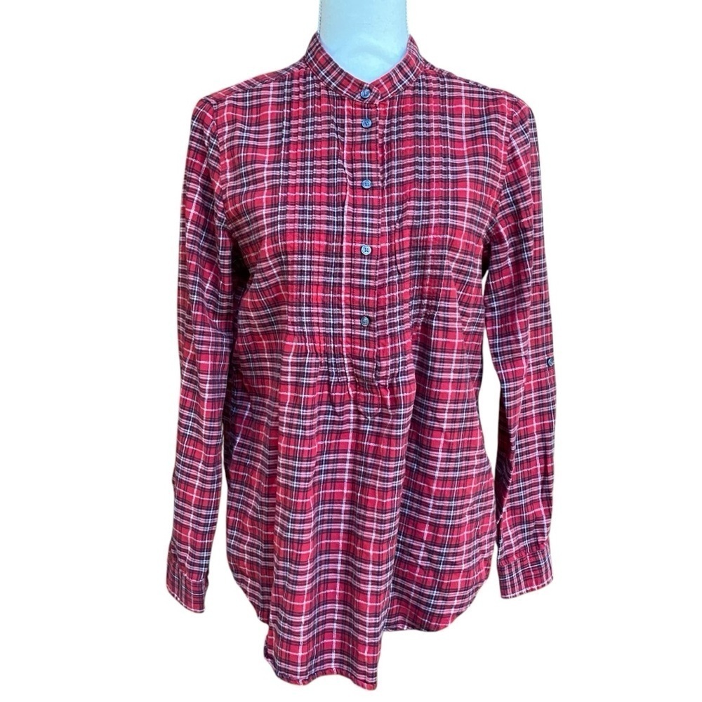 Lands’ End Red Plaid Metallic Flannel Popover Shirt Size 12 Holiday